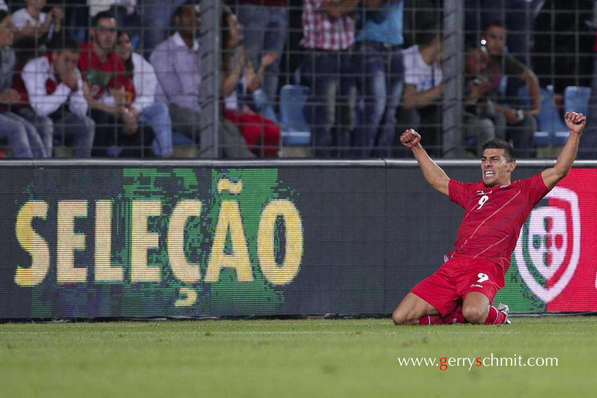 Dan DA Mota of Luxemburg celebrating his goal to 1-0 lead against Portugal during WM qualification game on 7.9.2012