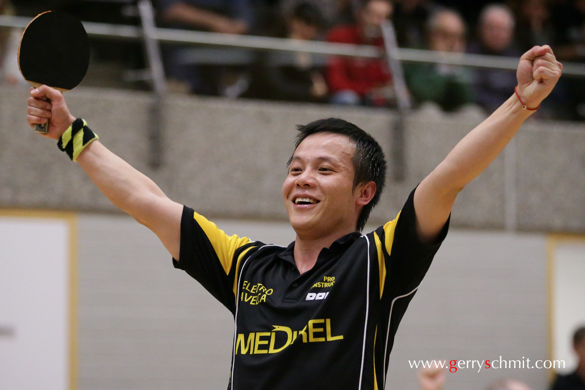 Min YANG celebrates his victory point hat makes his team DT Dudelange Cup Winner 2012