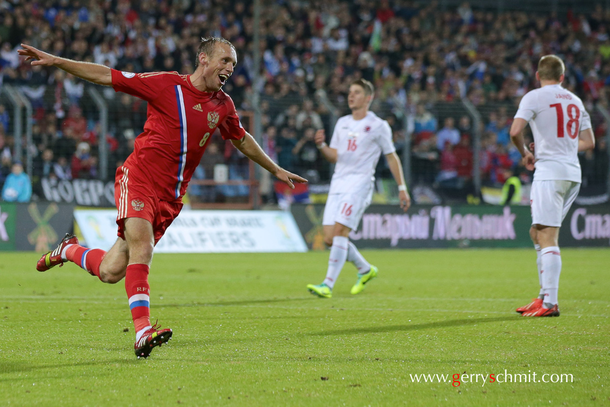 Denis GLUSHAKOV of Russia celebrates his goal of 3-0 lead against Luxembourg during WM Qualifying game in Luxembourg