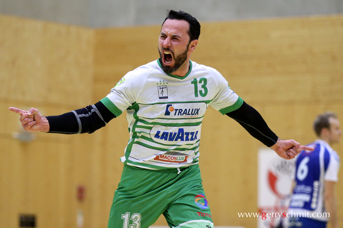 Guillaume Geoffroy reacts after scoring against HB Dudelange