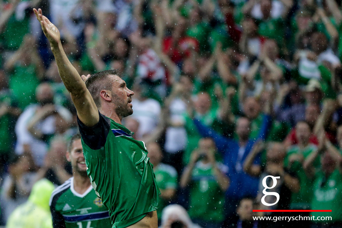 Gareth McAuley celebrates his goal of 1-0 lead against Ukraine - Northern Irelands first goal ever scored at European Championships