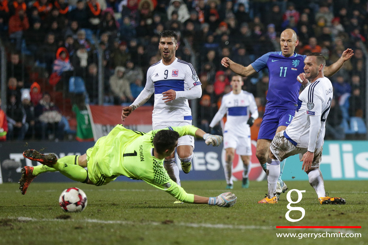 Arjen Robben of Netherlands opens the score against Luxembourg during WM Qualification Game 