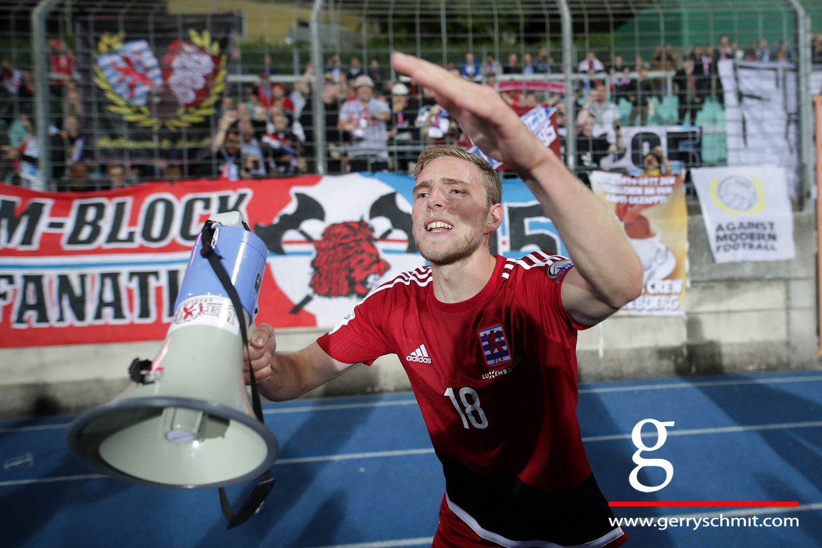 Laurent Jans of Luxembourg celebrates the victory of Luxembourg against Belarus