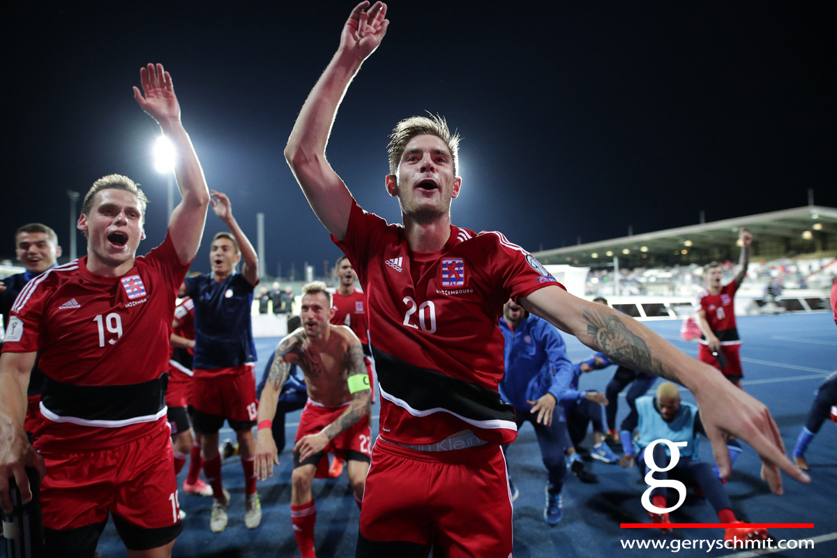 Dave Turpel and Mathias Jänisch of Luxembourg celebrate the victory against Belarus in WM Qualification