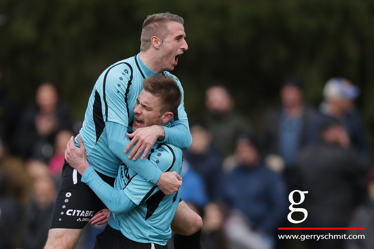 Dave Turpel and Sanel Ibrahimovic of F91 celebrate the goal of 3-1 lead against Progres Niederkorn