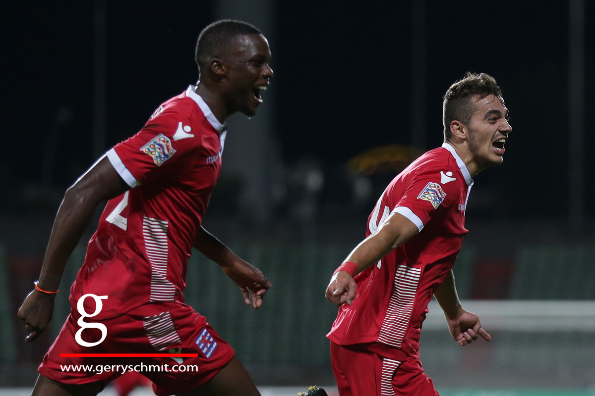 Danel Sinani an Christopher 'Kiki' Martins celebrate the goal of 3-0 lead of Luxembourg against Moldavia in nations League