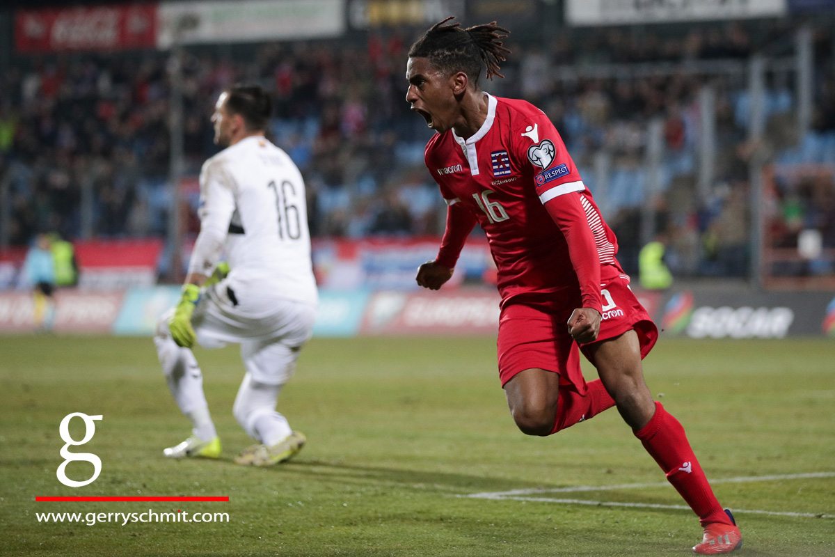 Leandro Barreiro of Luxembourg celebrates his goal of 1-1 against Lithuania