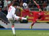 Joel PEDRO of Luxembourg tries to score with an trick shot against Montenegro