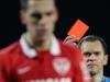 Referee Vivas shows the red card to Player Lascak of Rosport during BGL Ligue game