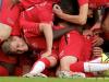 Players of UNA Strassen react after scoring against F91 Dudelange